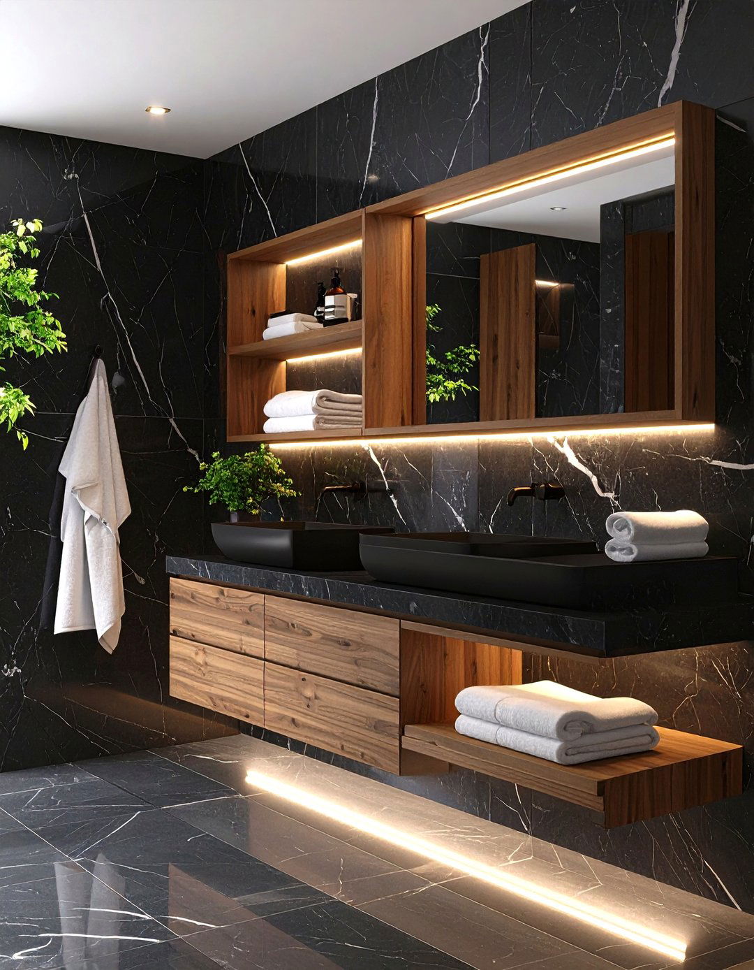 Luxe Touch with Black Marble and Teak Shelving - 20 Black and Wood Bathroom Ideas