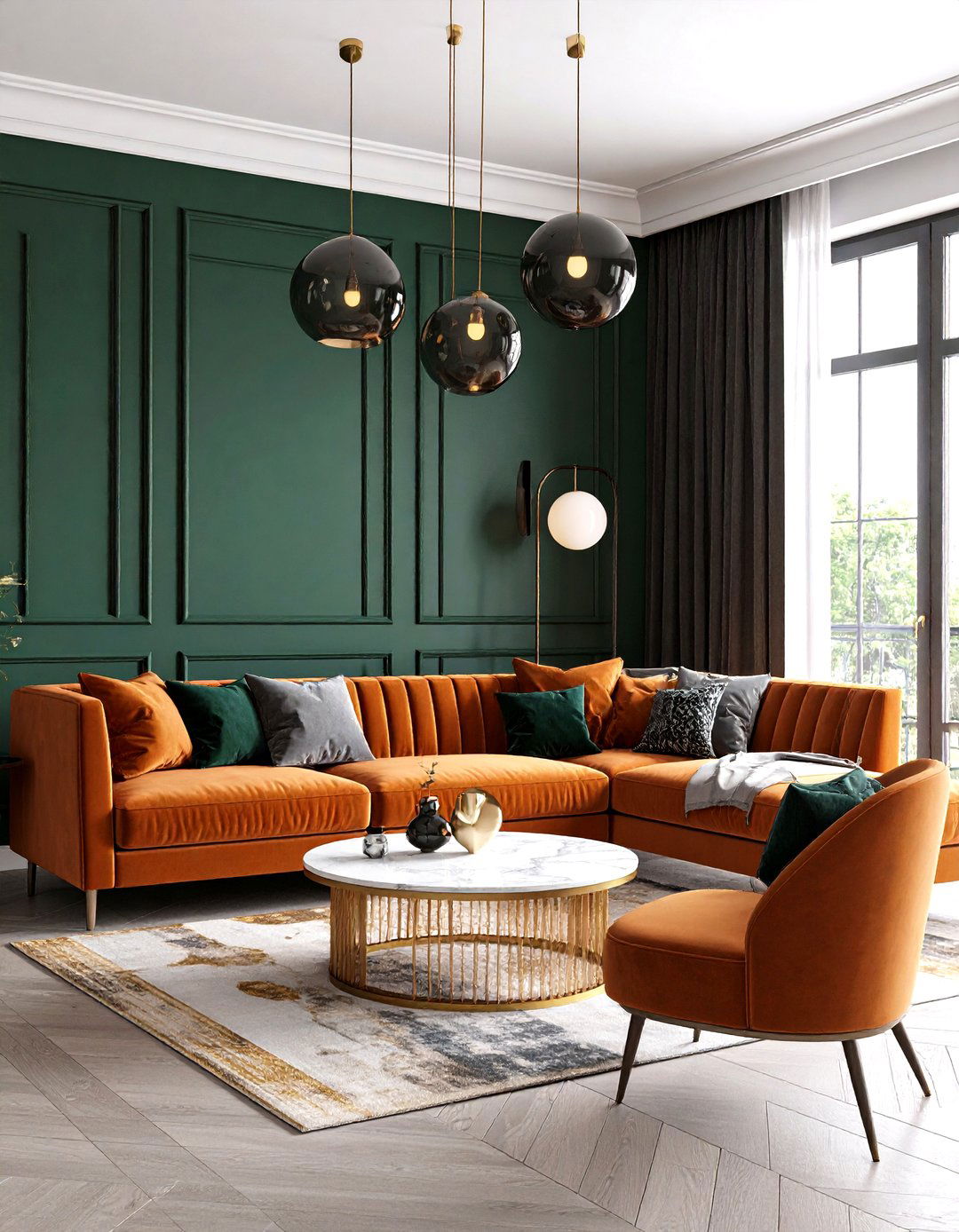 Luxe Velvet Touches in a Jewel Tone Green and Orange Living Room - 20 Green and Orange Living Room Ideas