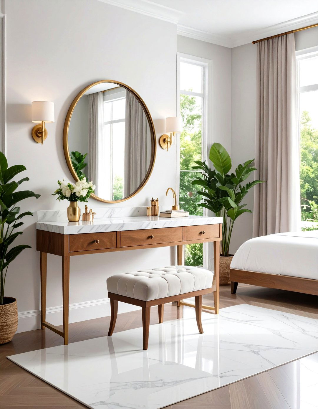 Luxurious Marble Topped Makeup Vanity with Hotel Elegance - 20 Makeup Vanity Ideas