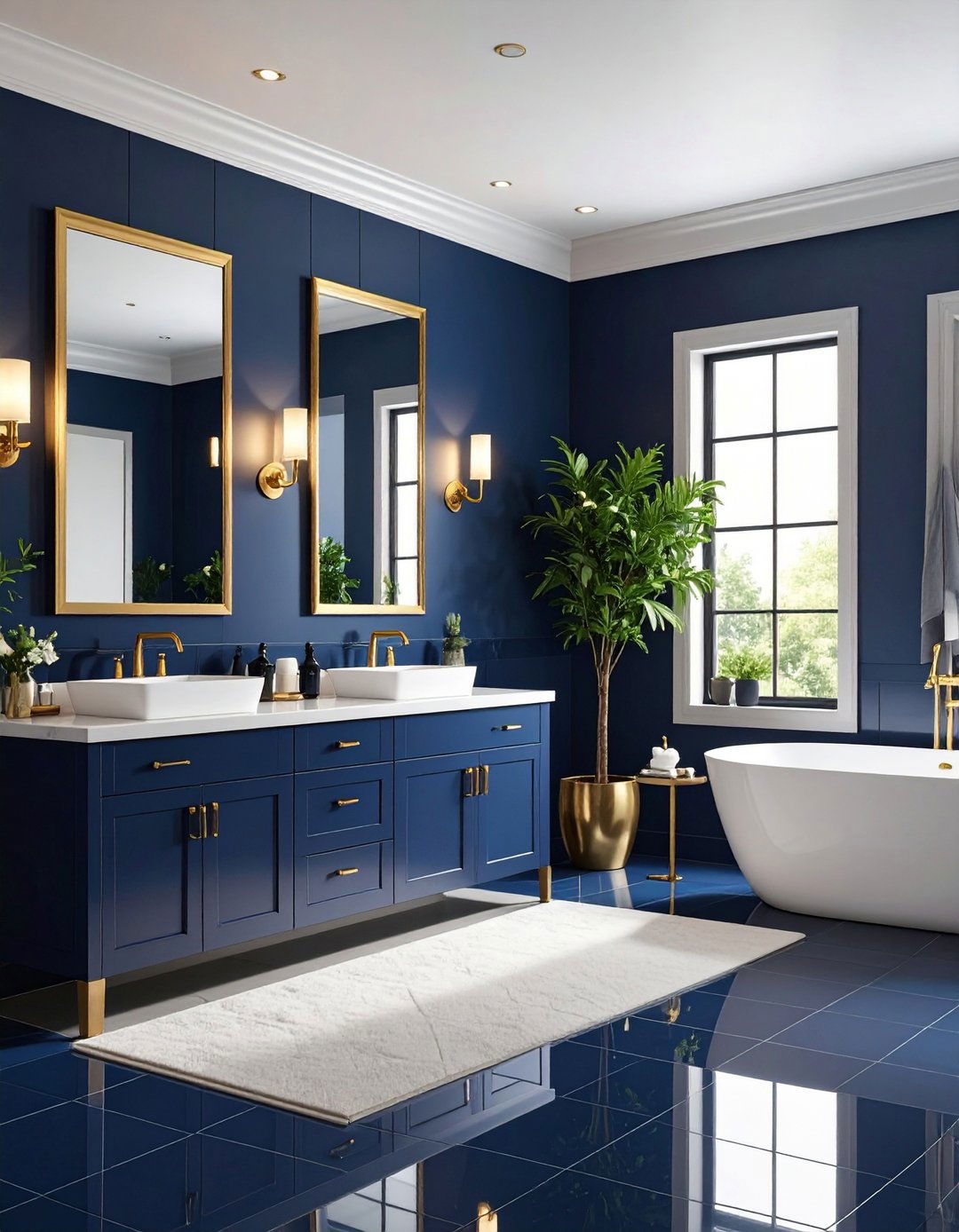 Luxurious Navy Tile Walls with Gold Fixtures - 20 Blue and Gold Bathroom Ideas