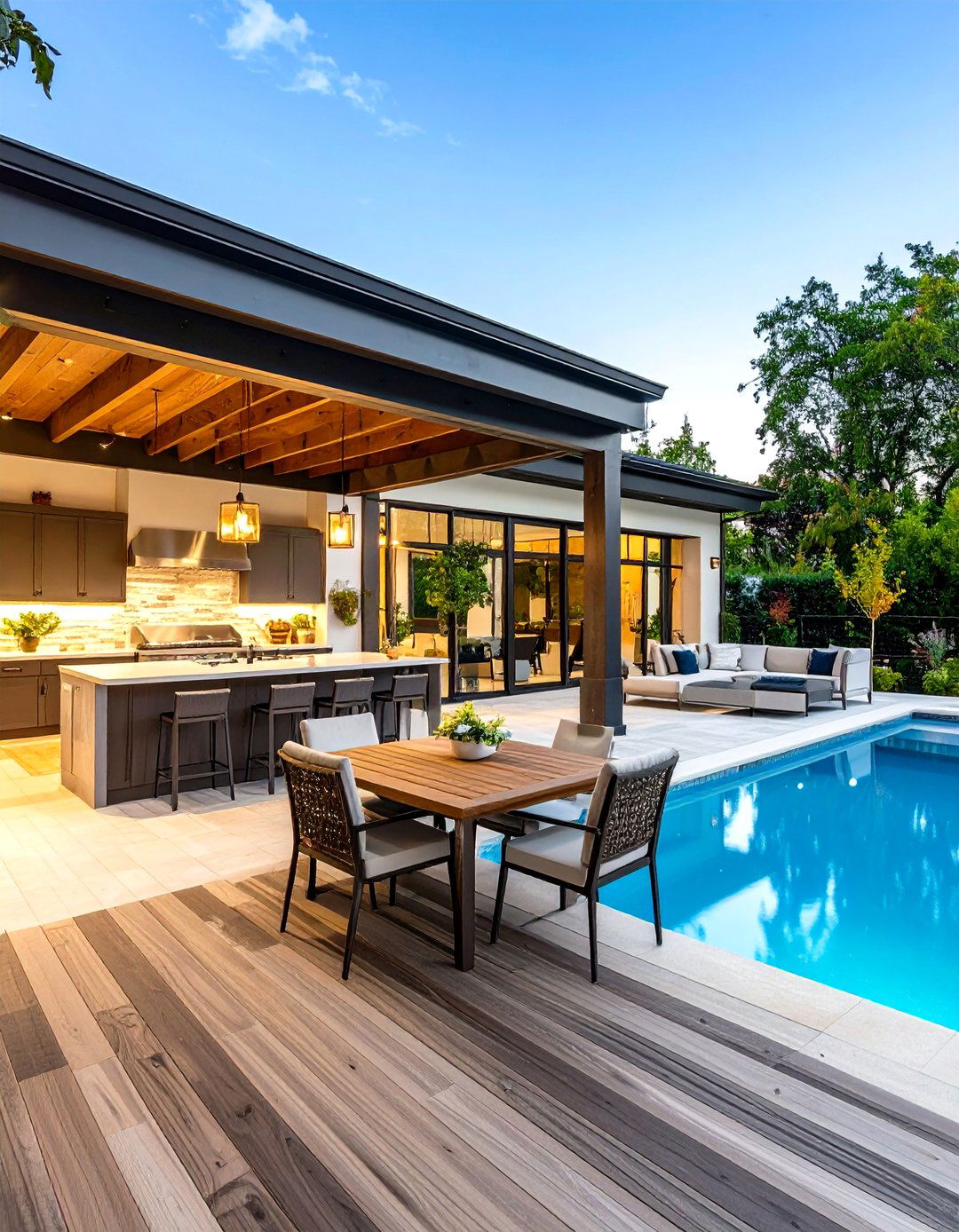 Luxurious Pool Patio with Outdoor Kitchen and Bar - 20 Pool Patio Ideas