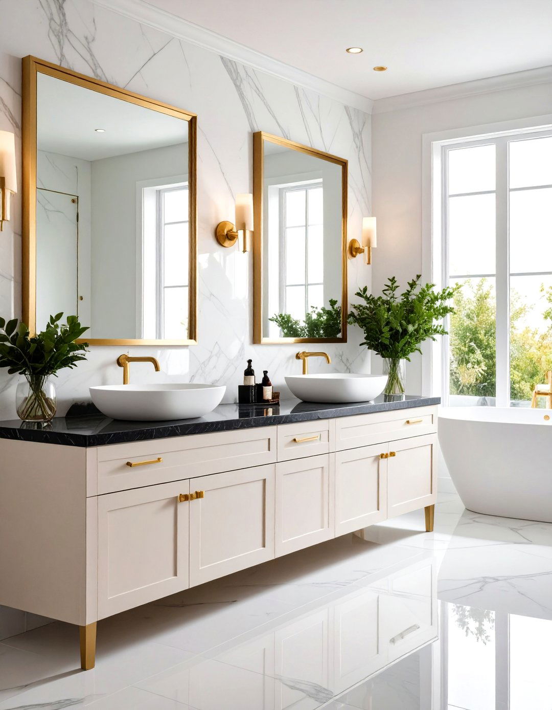 Luxury Bathroom with Black Countertops and Brass Hardware - 20 bathroom with black countertops ideas