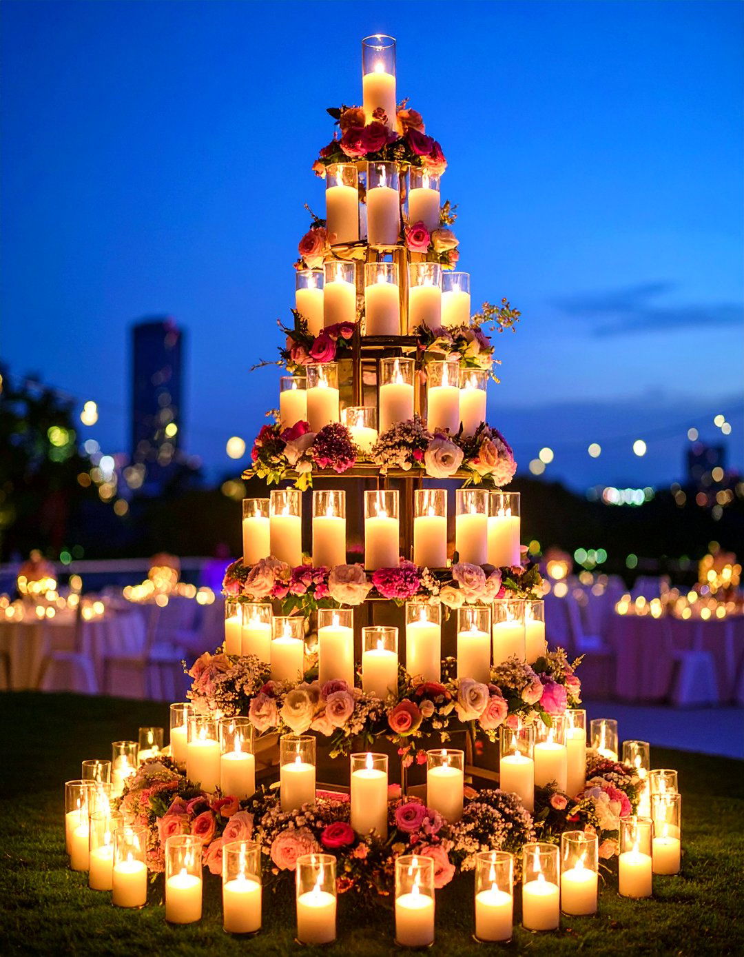 Luxury Candle Tower with Floral Accents - 20 Tall Wedding Centerpiece Ideas
