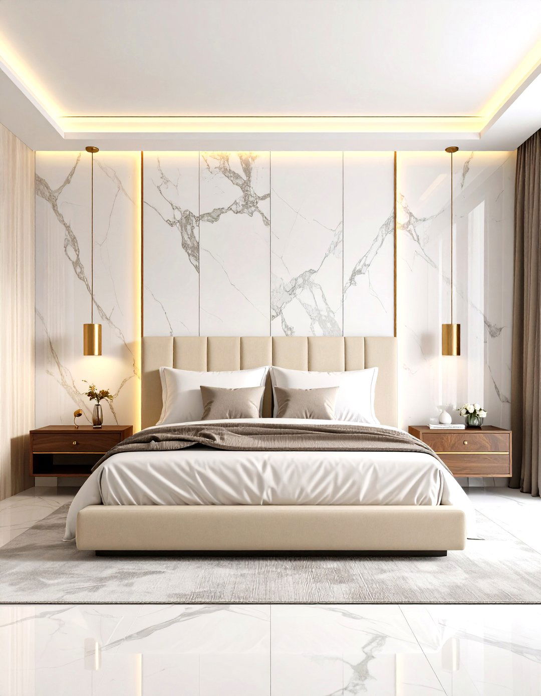 Luxury Modern Bedroom with Dramatic Marble Statement Wall - 20 luxury modern bedroom ideas