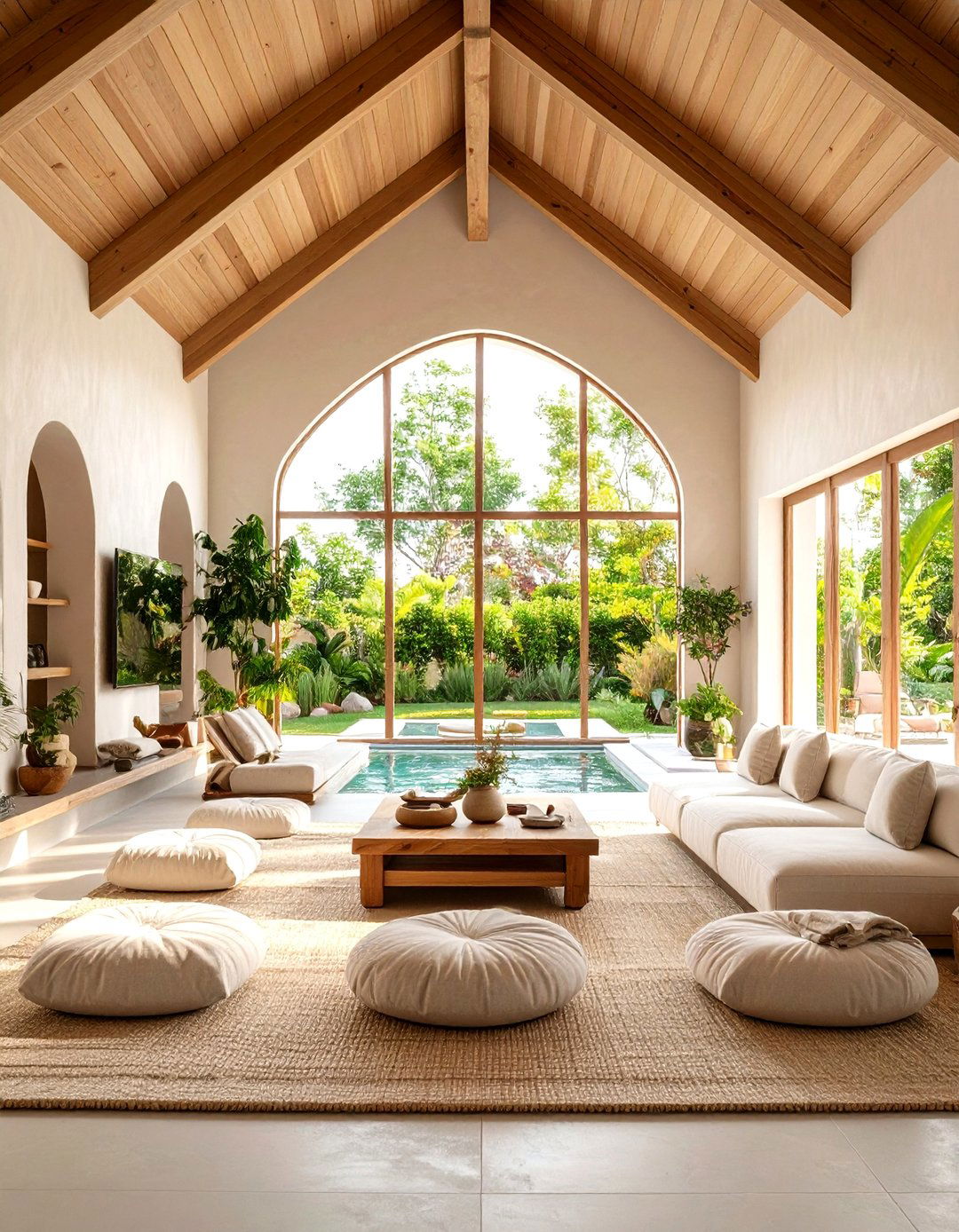 Luxury Spa Living Room Vaulted Ceiling with Soft Neutrals - 20 Living Room Vaulted Ceiling Ideas