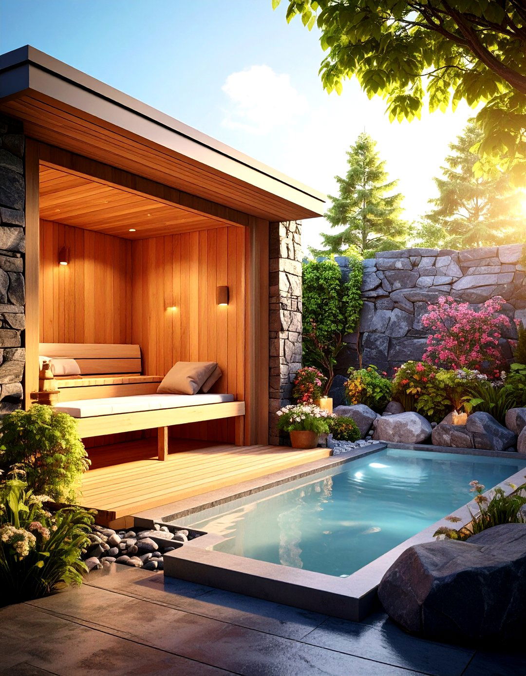 Luxury Spa Style Outdoor Sauna with Stone Accents - 20 Outdoor Sauna Ideas