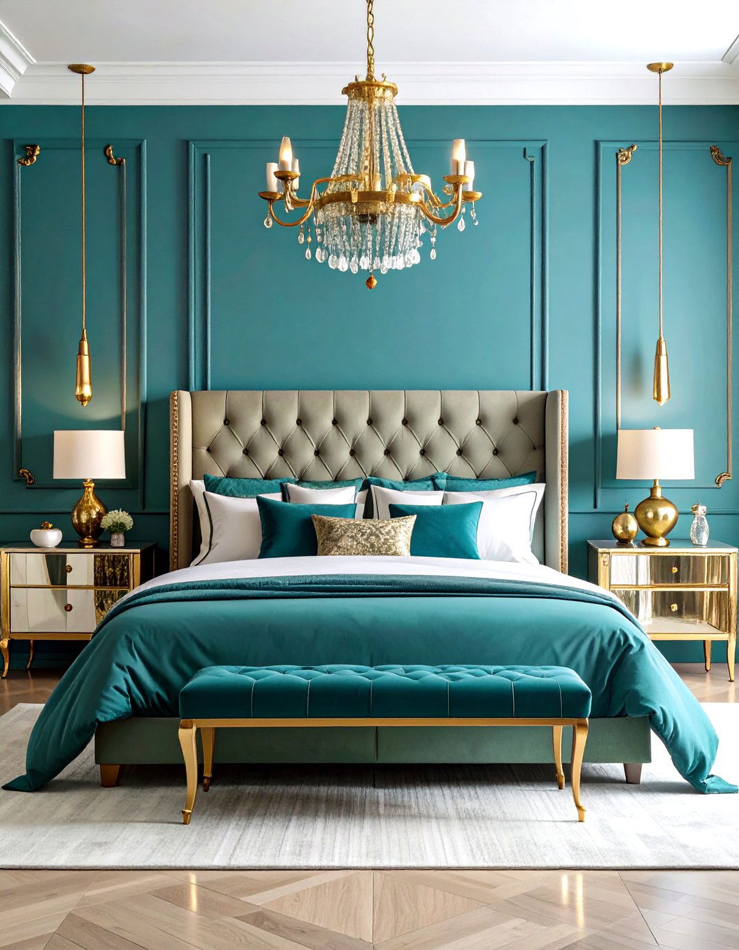 Luxury Teal Bedroom with Gold Accents - 20 Teal Bedroom Ideas