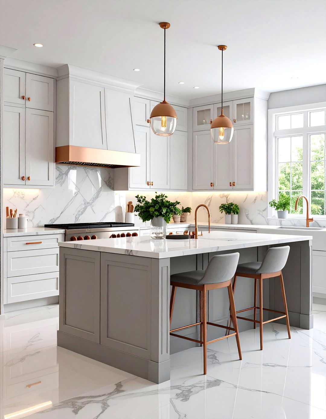 Luxury White Kitchen Cabinets with Grey Island and Metallic Backsplash - 20 White Kitchen Cabinets With Grey Island Ideas