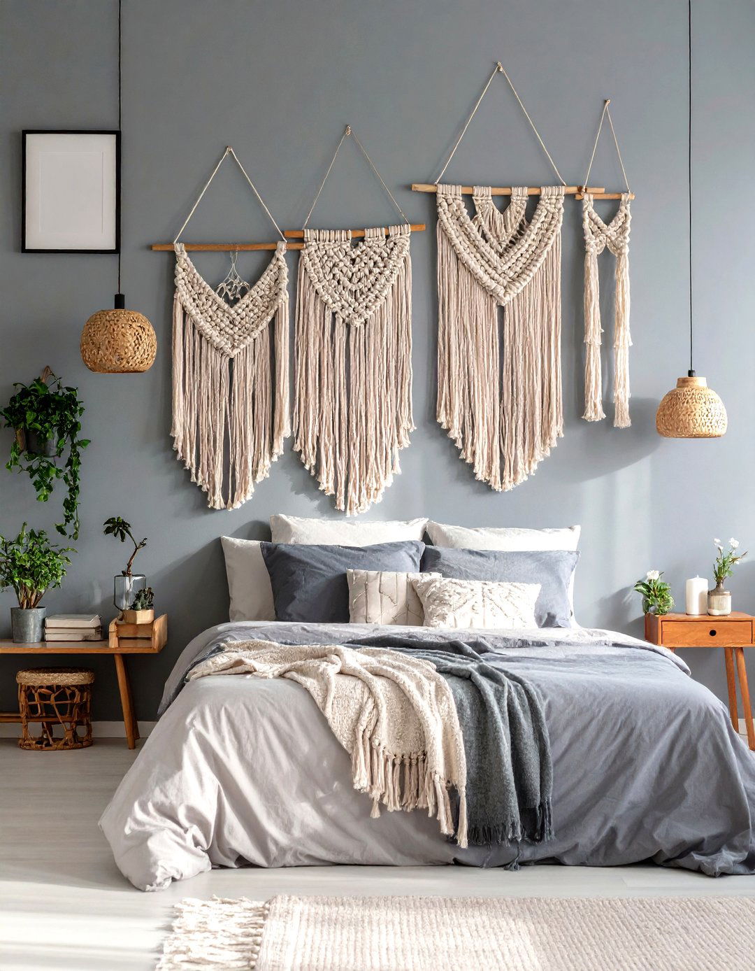 Macrame Accents Elevate the Grey Boho Bedroom Walls - 20 Grey Boho Bedroom Ideas
