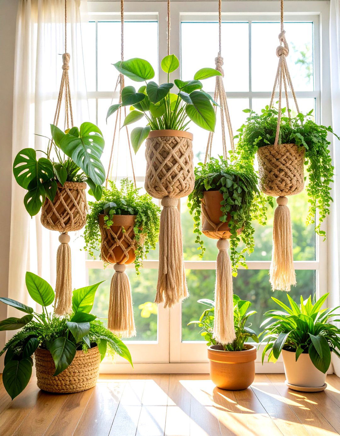Macrame Plant Hangers for Living Texture - 20 Hippie Bedroom Ideas