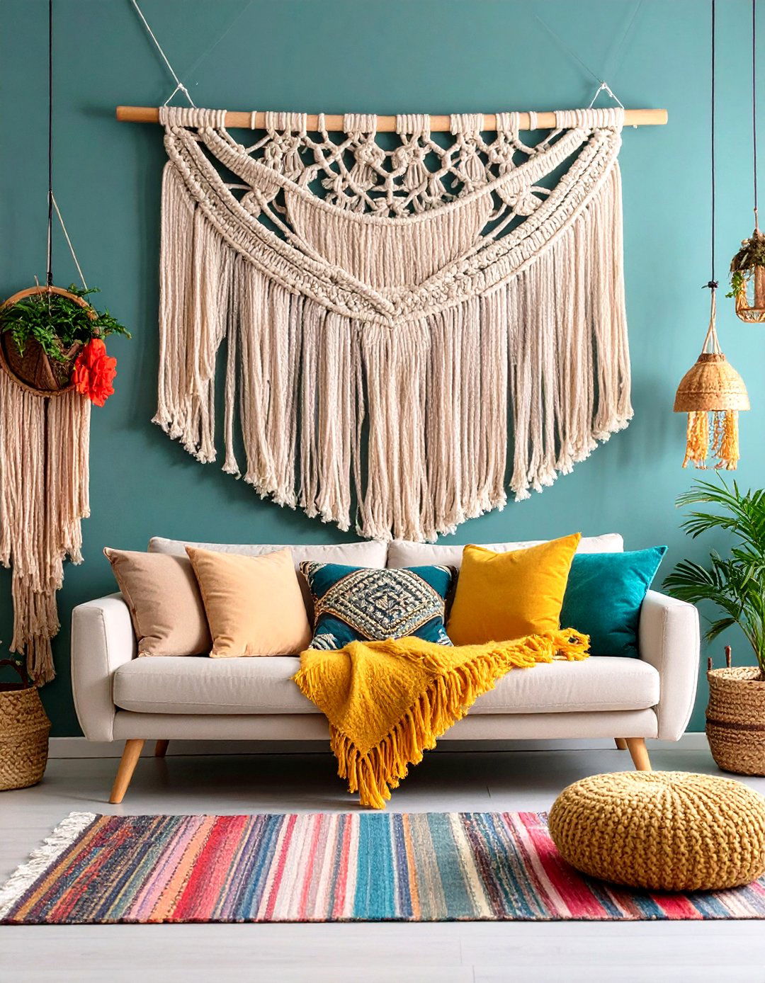 Macrame and Fiber Art Personalize Boho Living Room Walls - 20 Boho Living Room Ideas