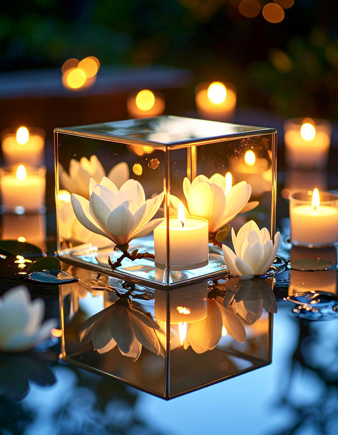 Magnolia Blooms in Mirrored Cubes - 20 Floating Wedding Centerpiece Ideas