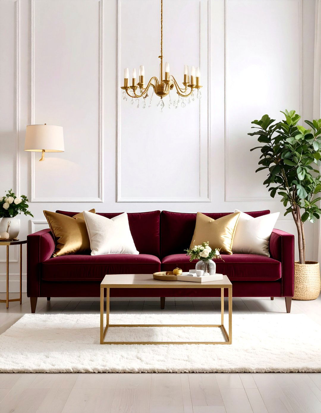 Magnolia Living Room with Burgundy Velvet Sofa Statement - 20 Magnolia Living Room Ideas