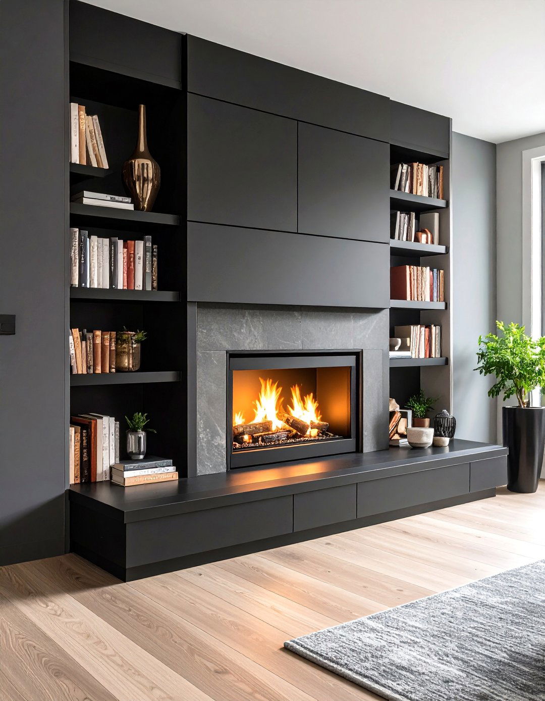 Mantel Free Black Fireplace with Floating Shelves - 20 Black Fireplace Ideas