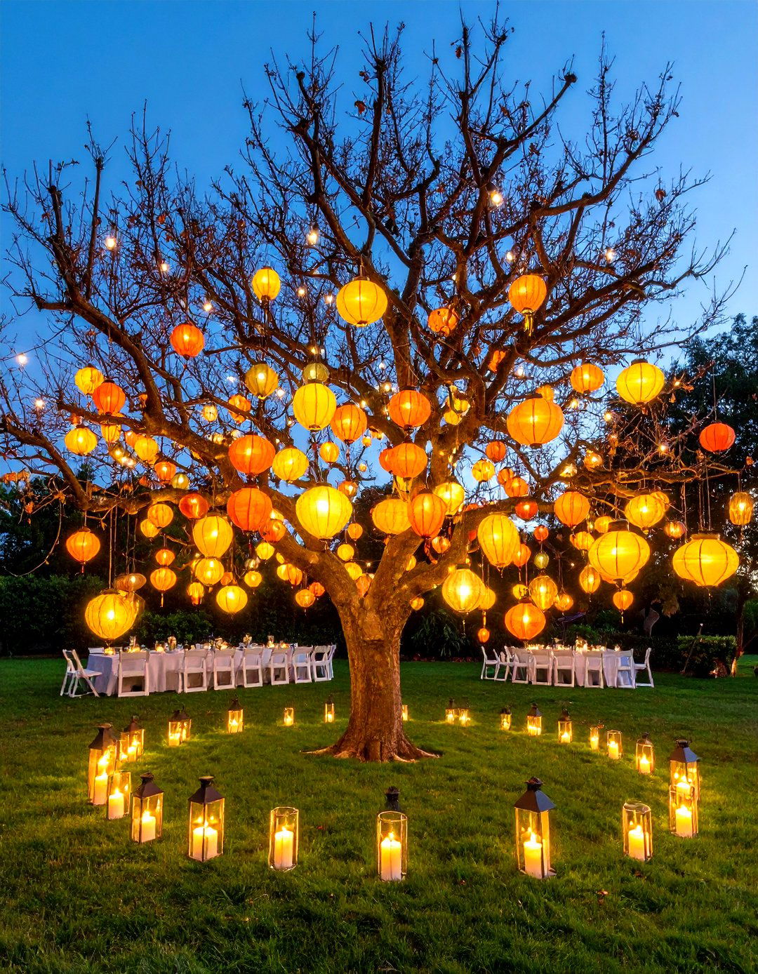 Manzanita Branches Adorned with Lanterns - 20 Tall Wedding Centerpiece Ideas
