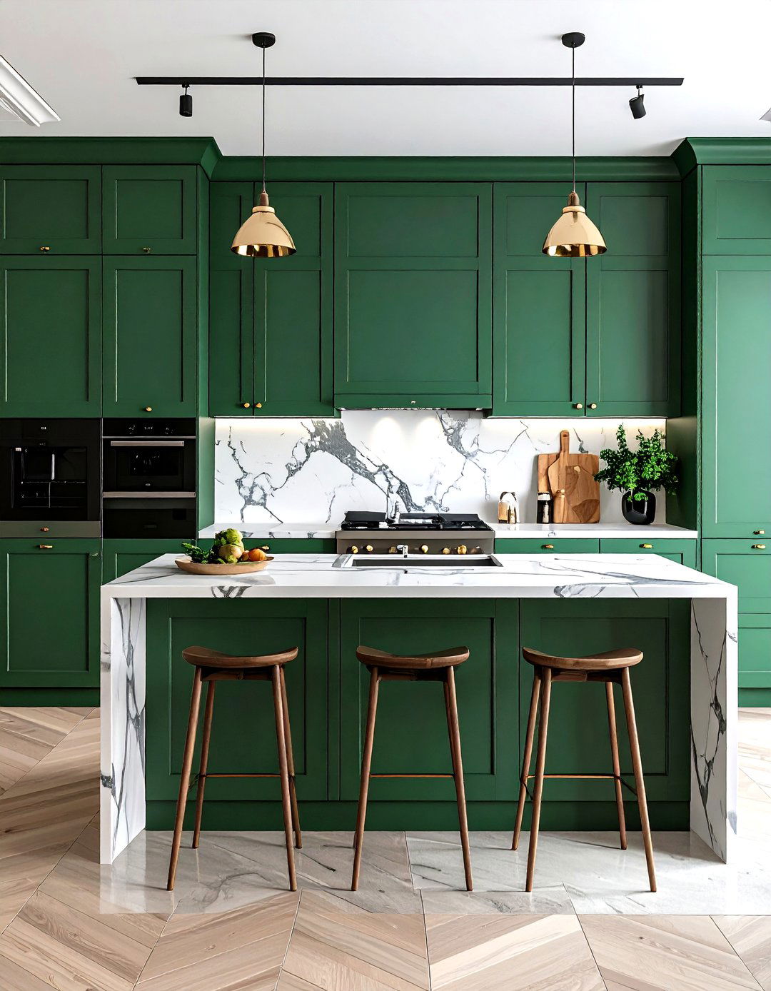 Marble Backsplash Framing Green Cabinets - 20 Green Kitchen Cabinet Ideas