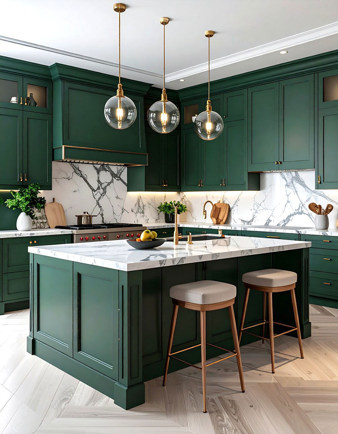 Marble Countertops Elevate a Dark Green Kitchen - 20 Dark Green Kitchen Ideas