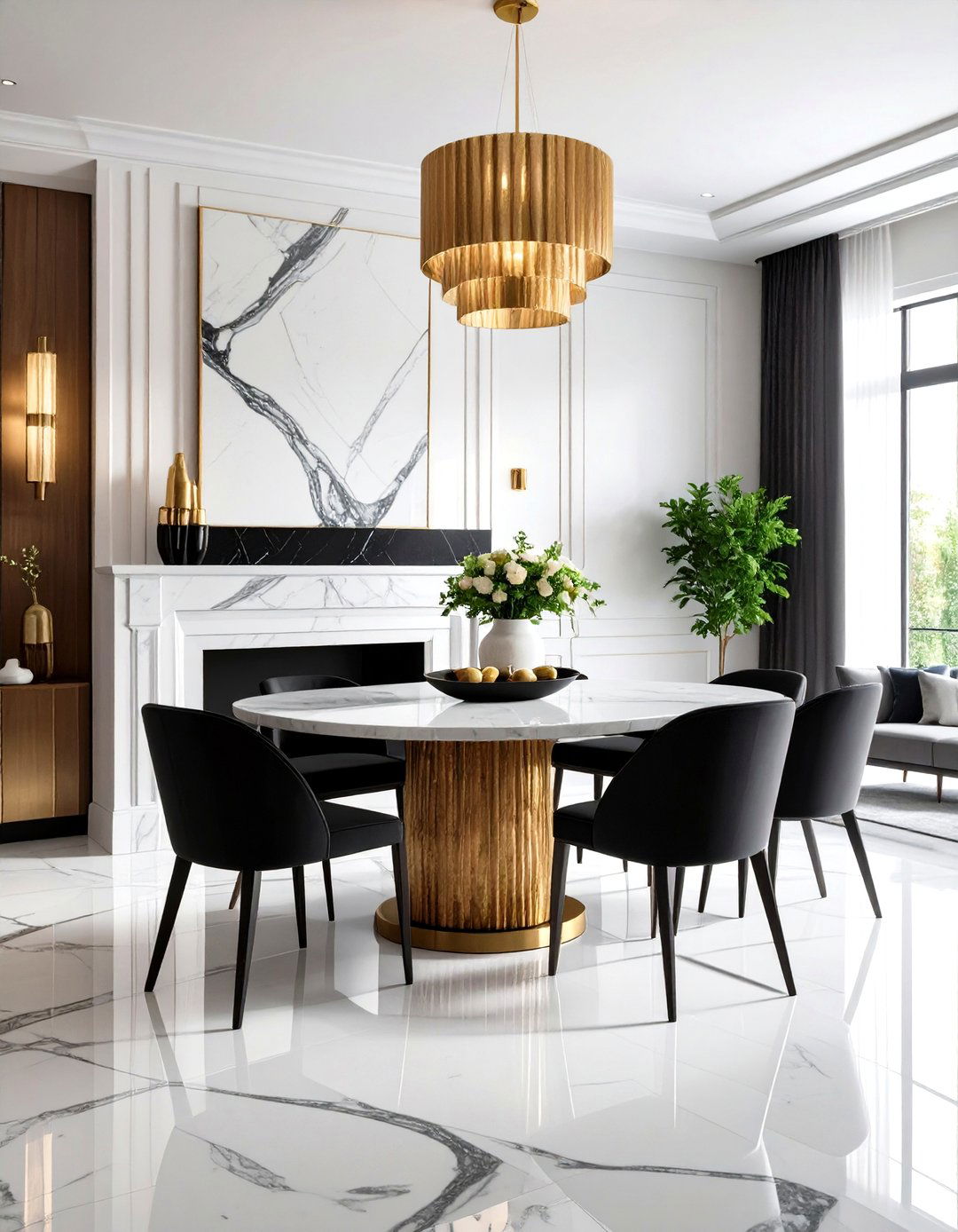 Marble Fireplace Surround Anchors the Scheme - 25 Art Deco Dining Room Ideas