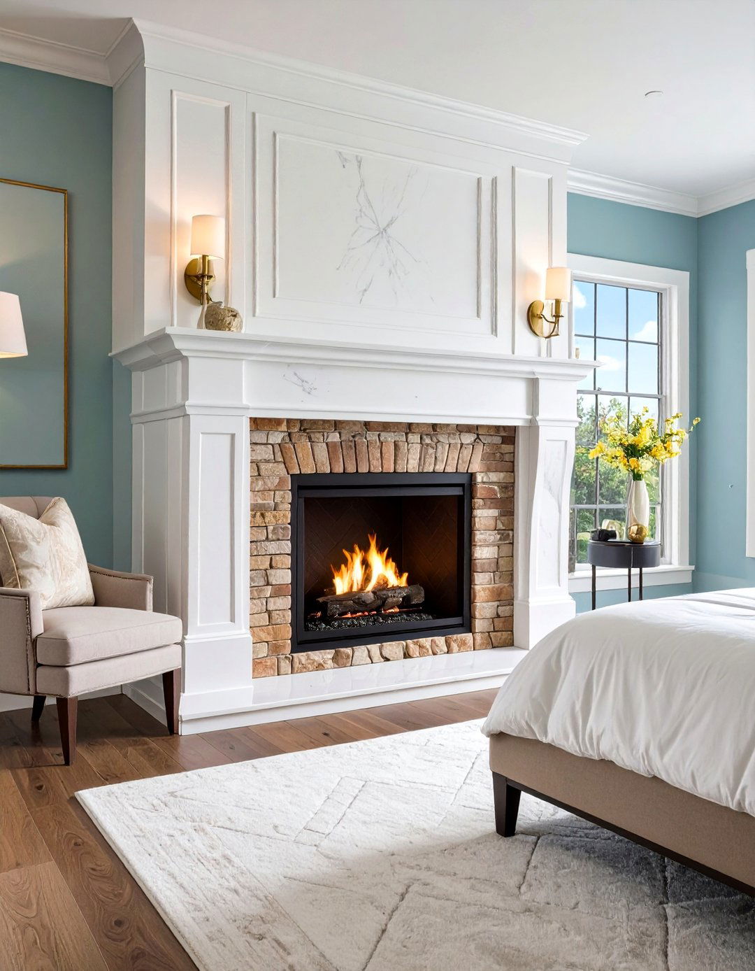 Marble Framed Bedroom Fireplace with Herringbone Brick Firebox - 20 Bedroom Fireplace Ideas