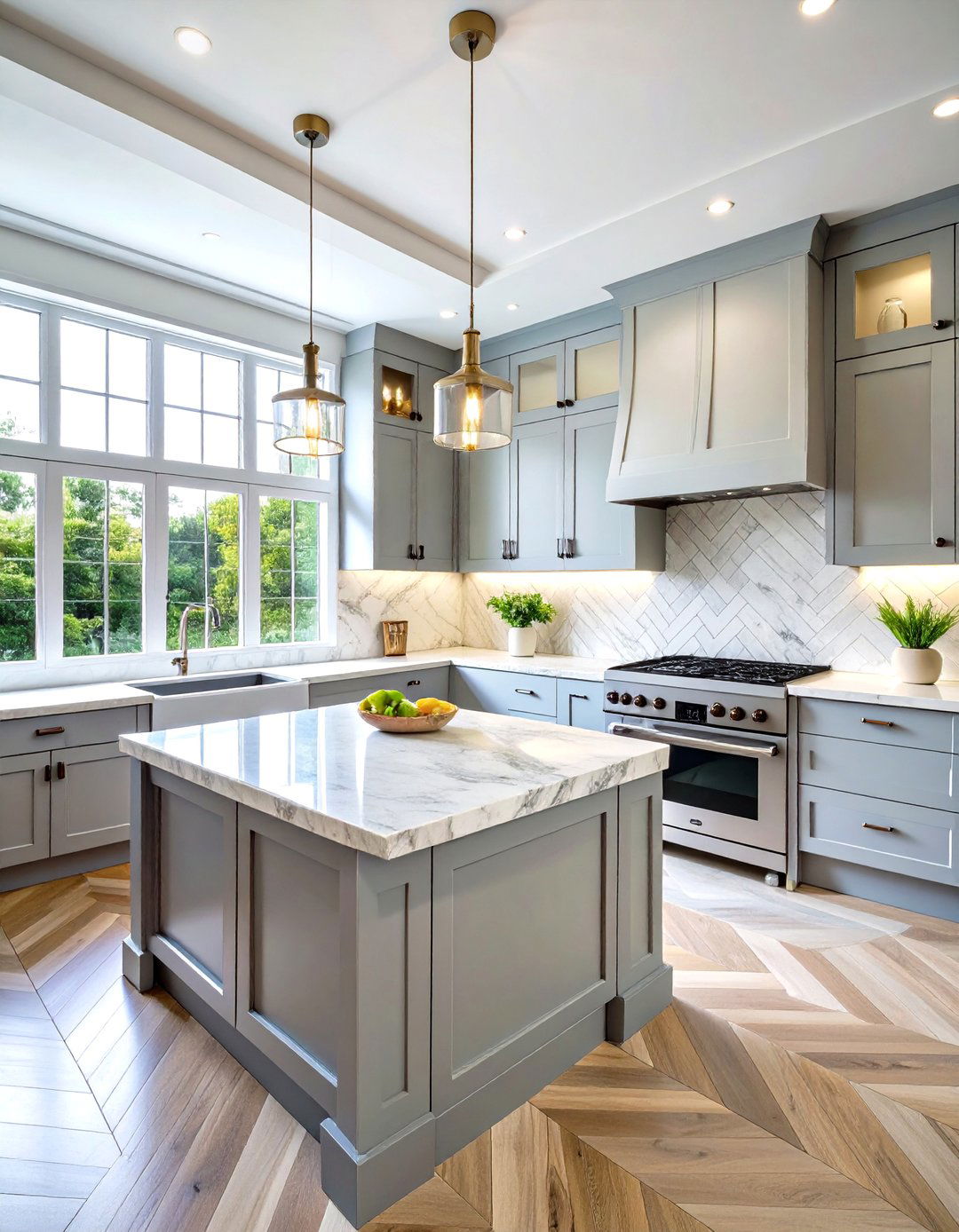 Marble Herringbone Backsplash Kitchen with Pale Grey Cabinets - 20 Grey and White Kitchen Designs