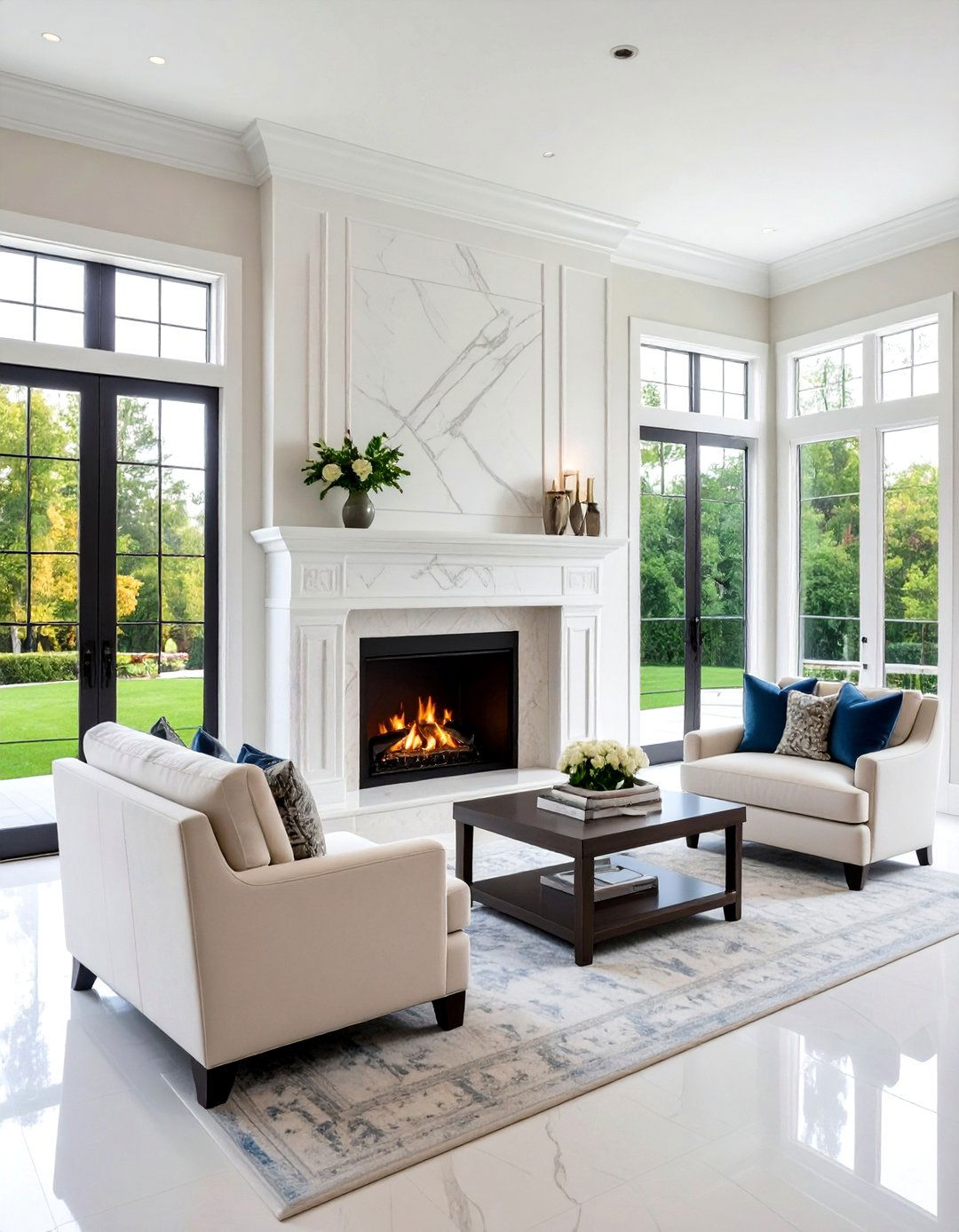 Marble Surround Fireplace with Symmetrical Sidelights - 20 Fireplace Between Windows Ideas