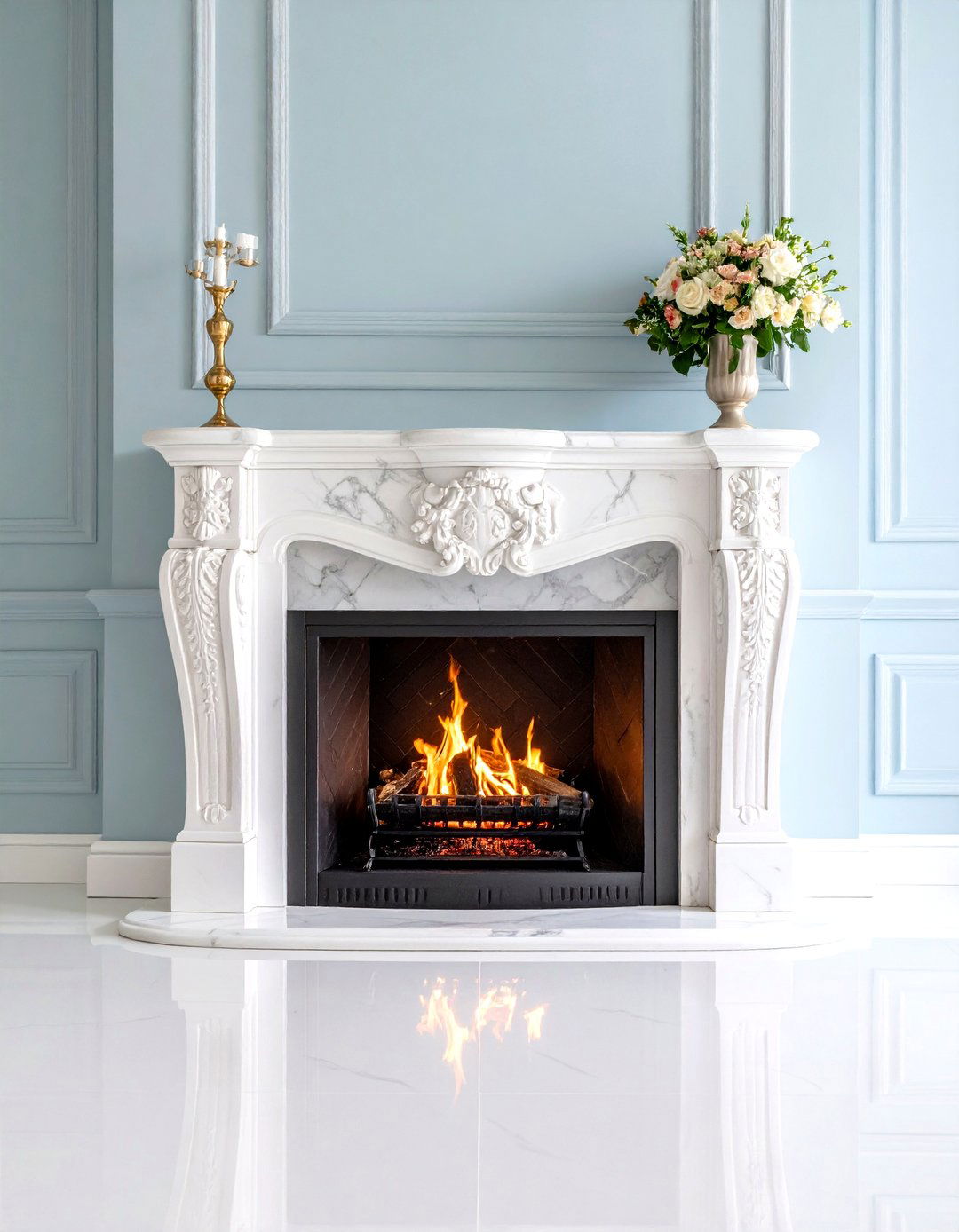Marble Surround with Ornate Mantel - 20 Two-story Fireplace Ideas