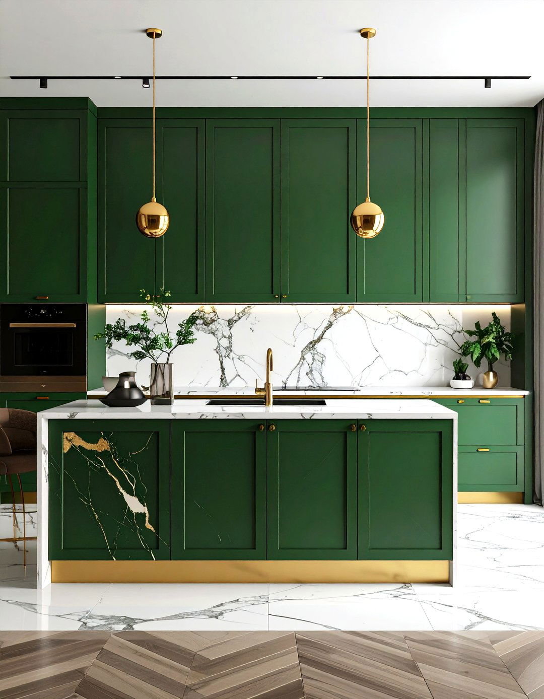 Marble Veins Elevate a Forest Green Palette - 20 Forest Green Kitchen Ideas