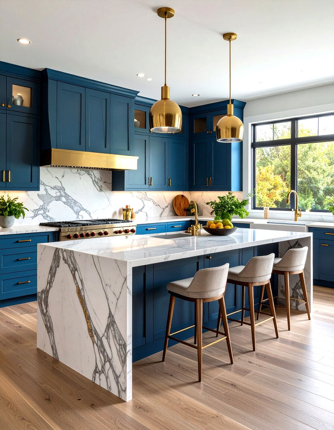 Marble Waterfall Island Transitional Kitchen - 20 Transitional Kitchen Ideas