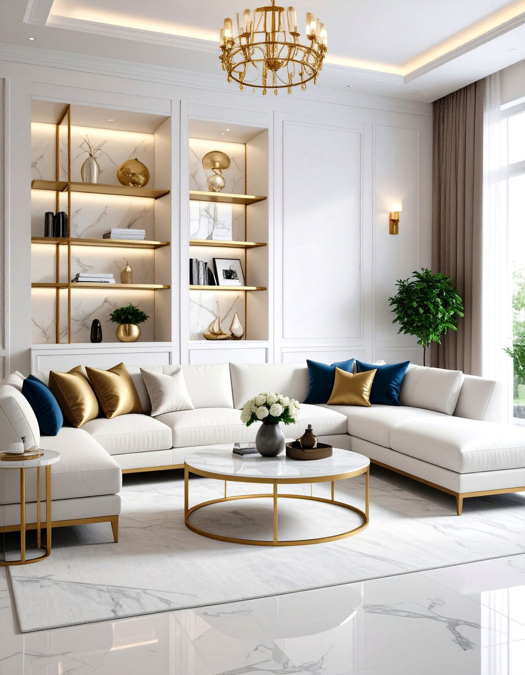 Marble and Brass Living Room Shelf Luxury Theme - 20 Living Room Shelf Ideas