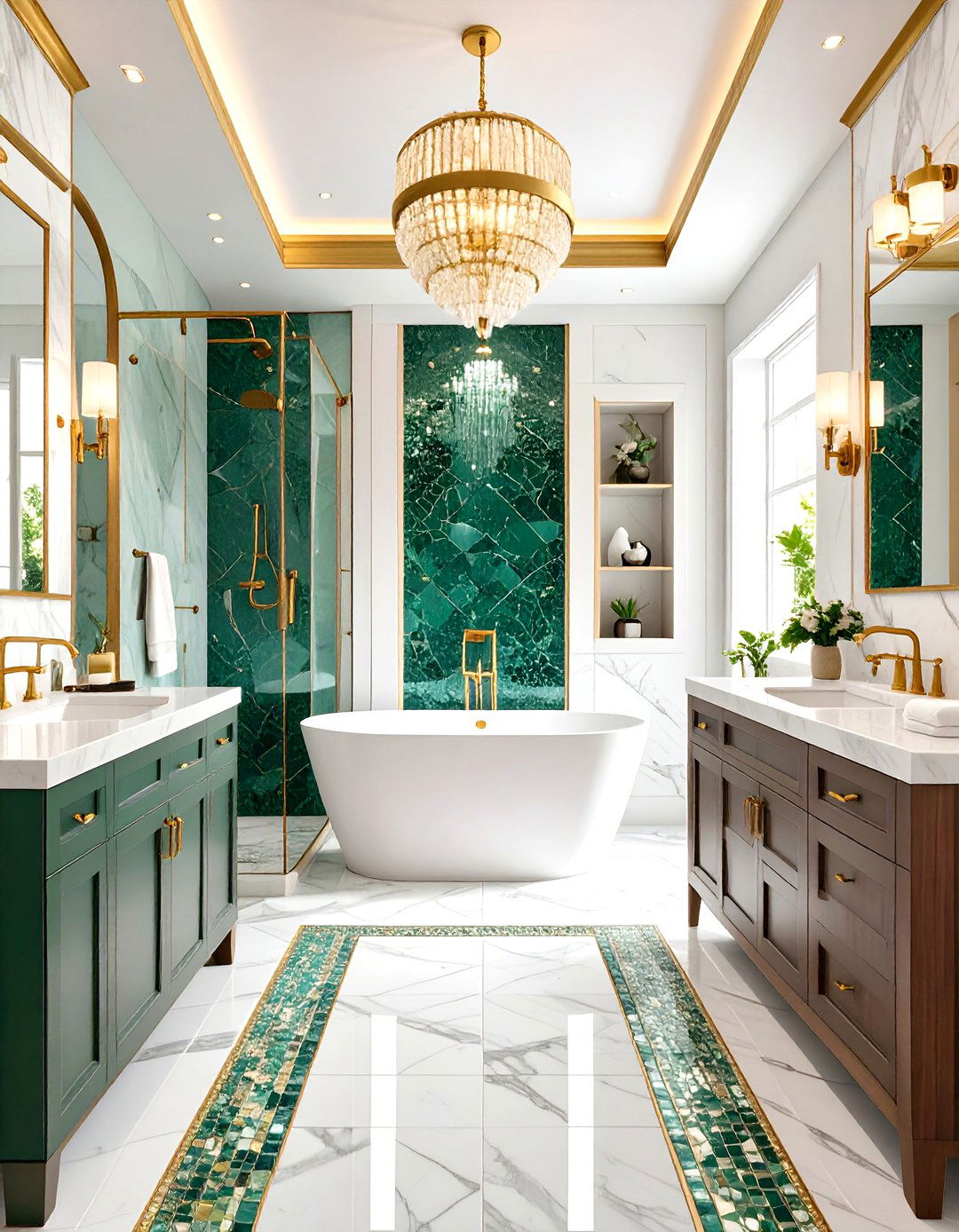Marble and Jade Mosaic Bathroom with Gold Trim - 20 Green and Gold Bathroom Ideas
