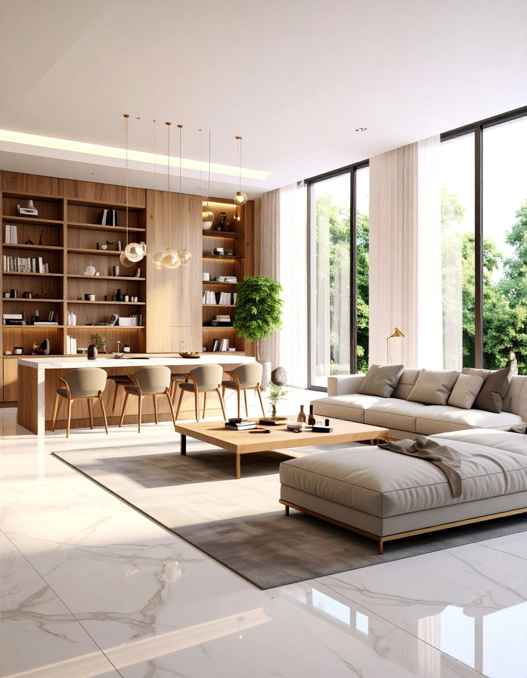Marble and Wood Border Blend - 20 Marble Floor Living Room Ideas