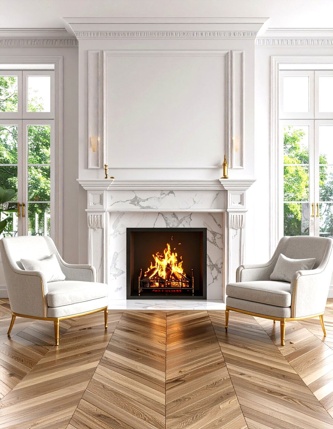Marble with Brass Inlay Accents - 20 Marble Fireplace Ideas