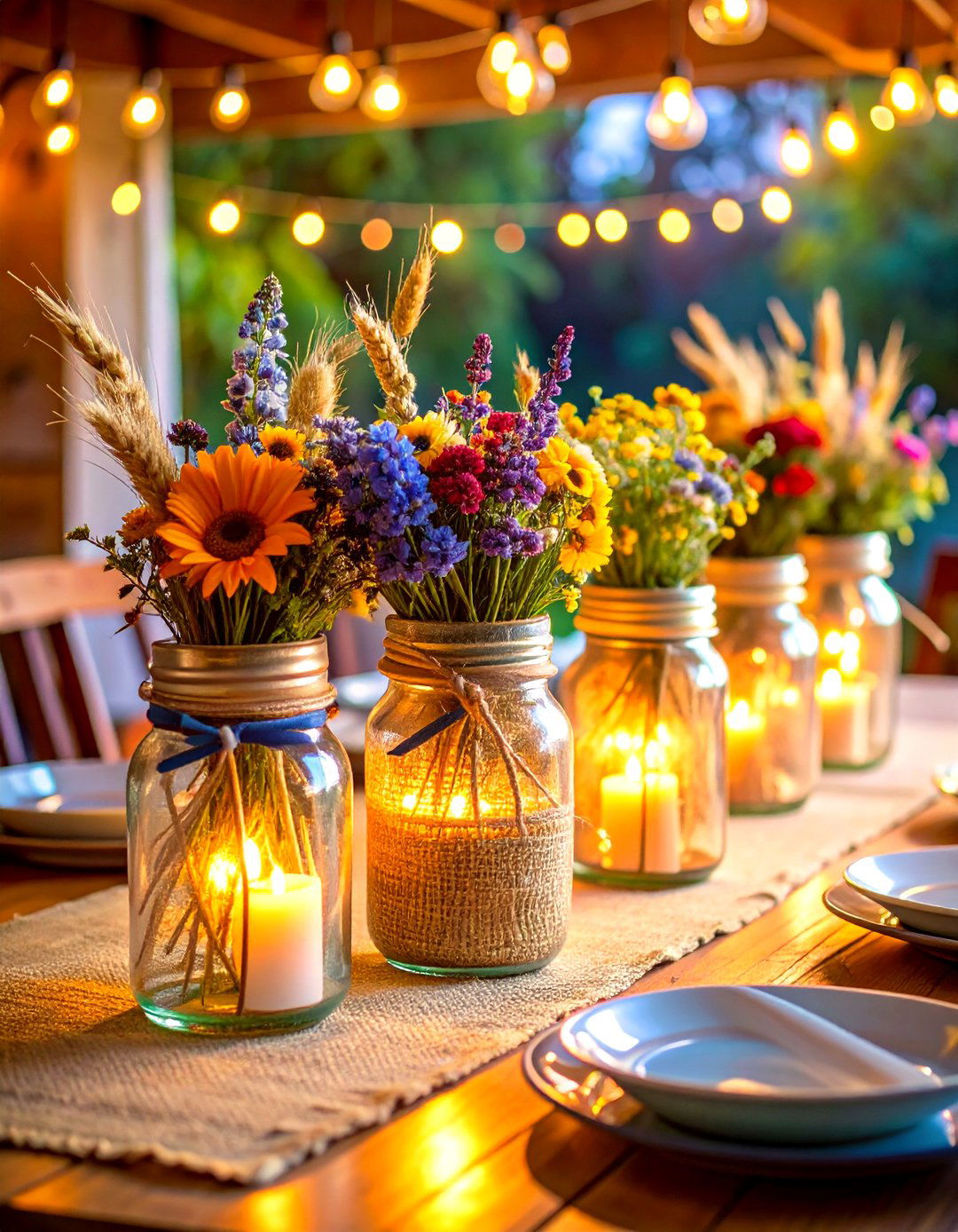 Mason Jar Lantern Centerpiece with Burlap and Twine Details - 20 Lantern Centerpiece Ideas