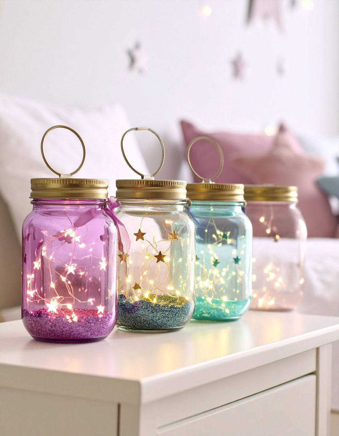 Mason Jar Lanterns Serve as Dreamy Bedside Lights for a Fairy themed Bedroom - 20 Fairy-themed Bedroom Ideas