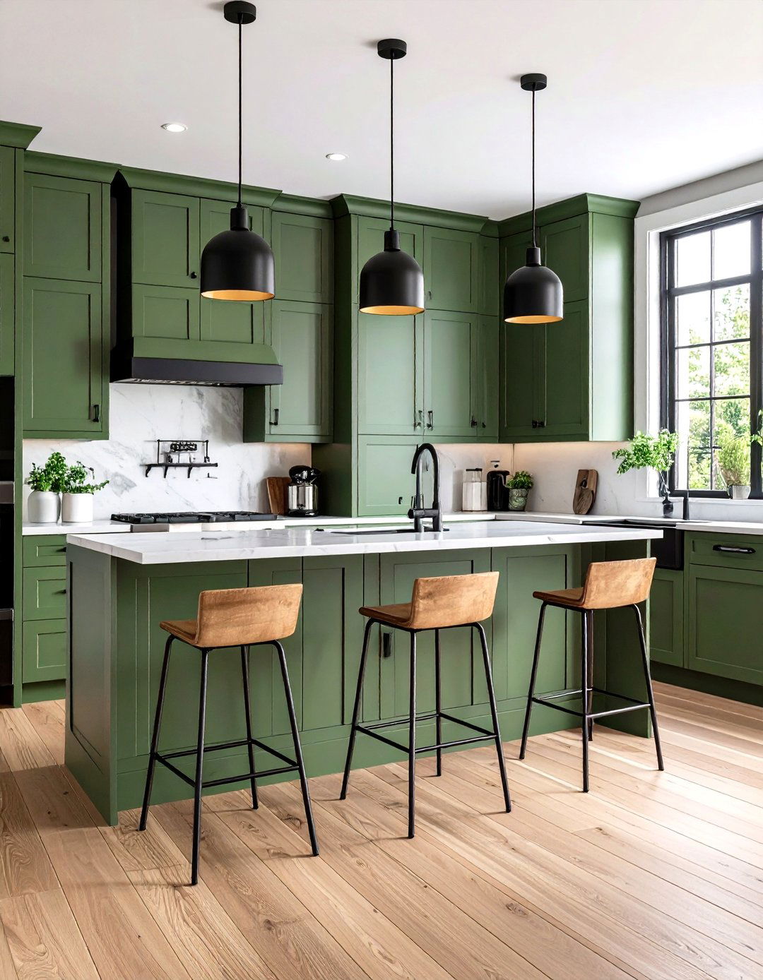 Matte Black Accents on Sage Green Cabinets - 20 Rustic Sage Green Kitchen Cabinets