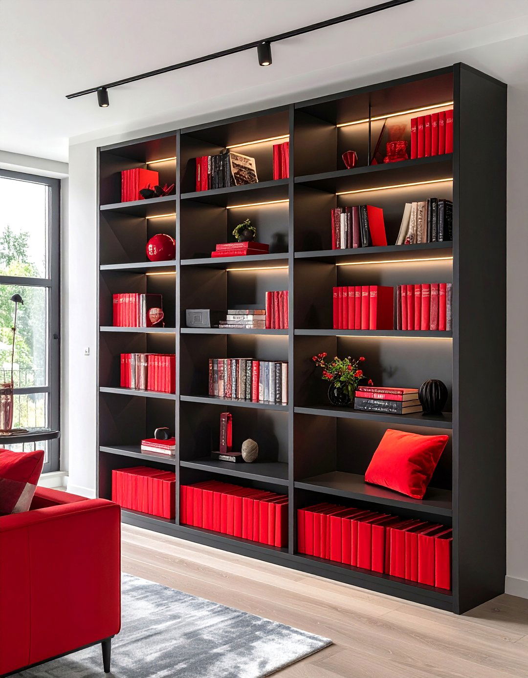 Matte Black Built ins with Red Art - 20 Black and Red Living Room Ideas