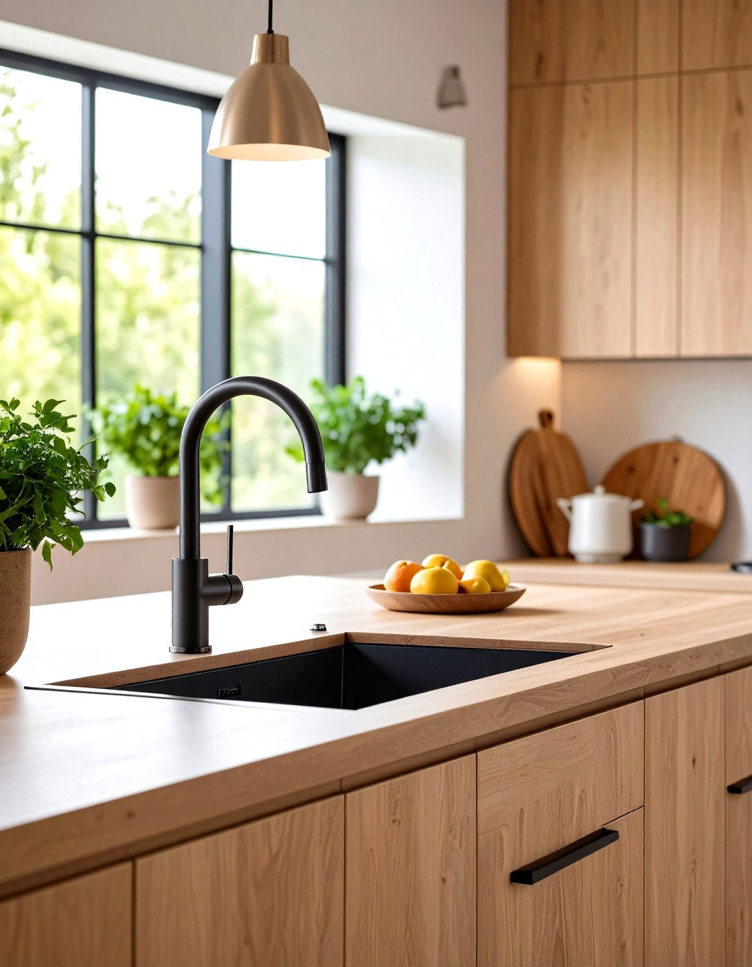 Matte Black Faucet Offsets Warm Tones - 20 Earthy Kitchen Ideas
