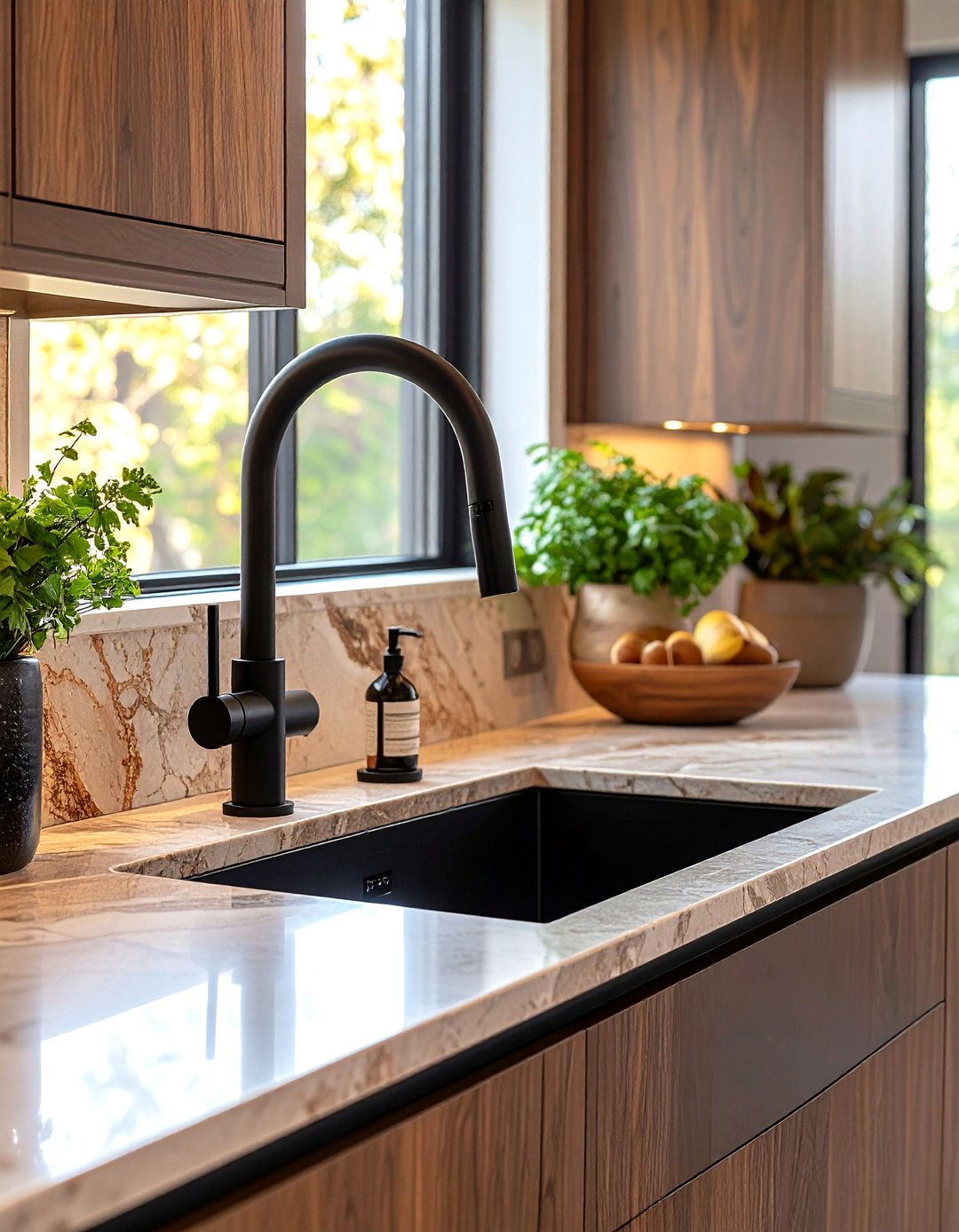Matte Black Faucet and Mocha Quartzite Splash Kitchen - 20 Black and Brown Kitchen Ideas