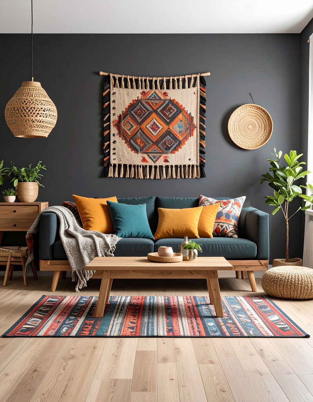 Matte Black Feature Wall With Tribal Textile Tapestry - 20 Black Boho Living Room Ideas
