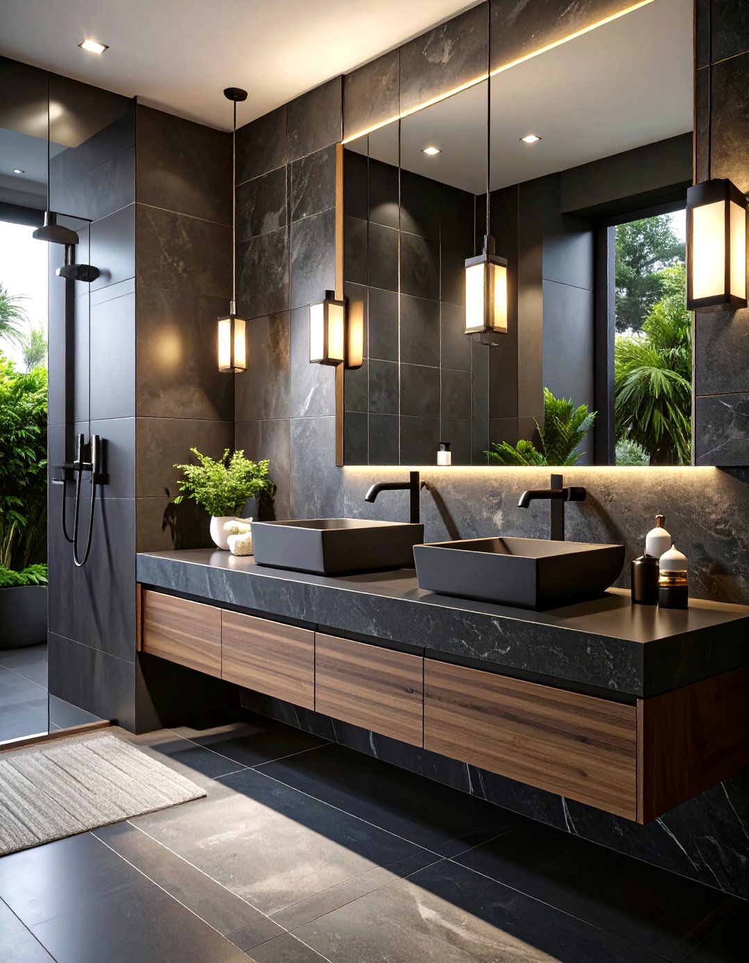 Matte Black Fixtures Tie the Palette Together - 20 Dark Bathroom Ideas