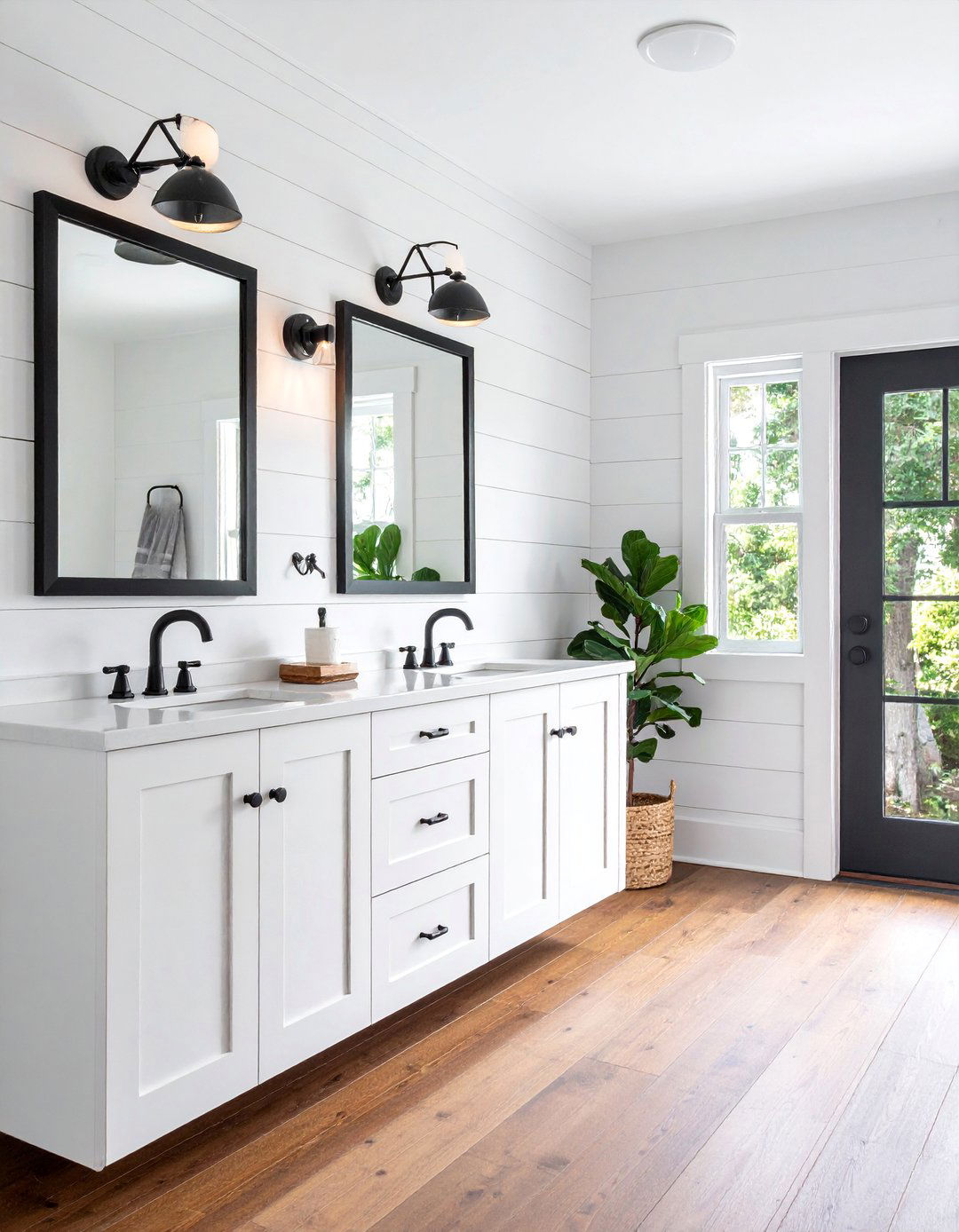 Matte Black Fixtures on White Shiplap - 20 Black and White Powder Room Ideas