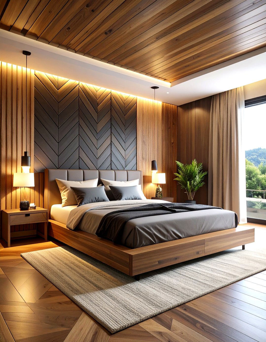 Matte Black Geometric Statement Wall - 20 Matte Black Bedroom Ideas