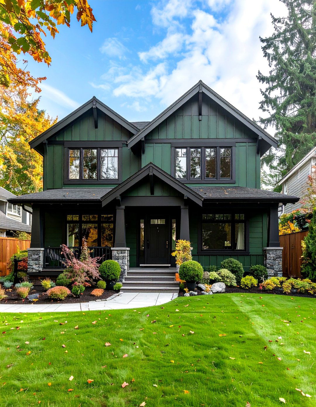 Matte Black Hardware Detailing a Dark Olive Green House - 20 Dark Olive Green House With Black Trim