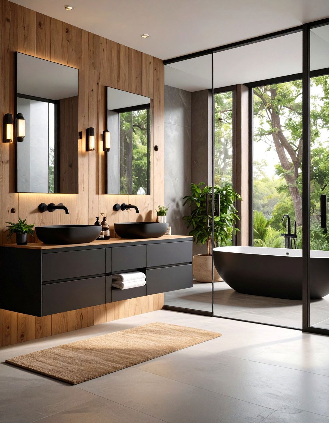 Matte Black Hardware Grounds Natural Textures in the Bathroom - 20 Earthy Bathroom Ideas