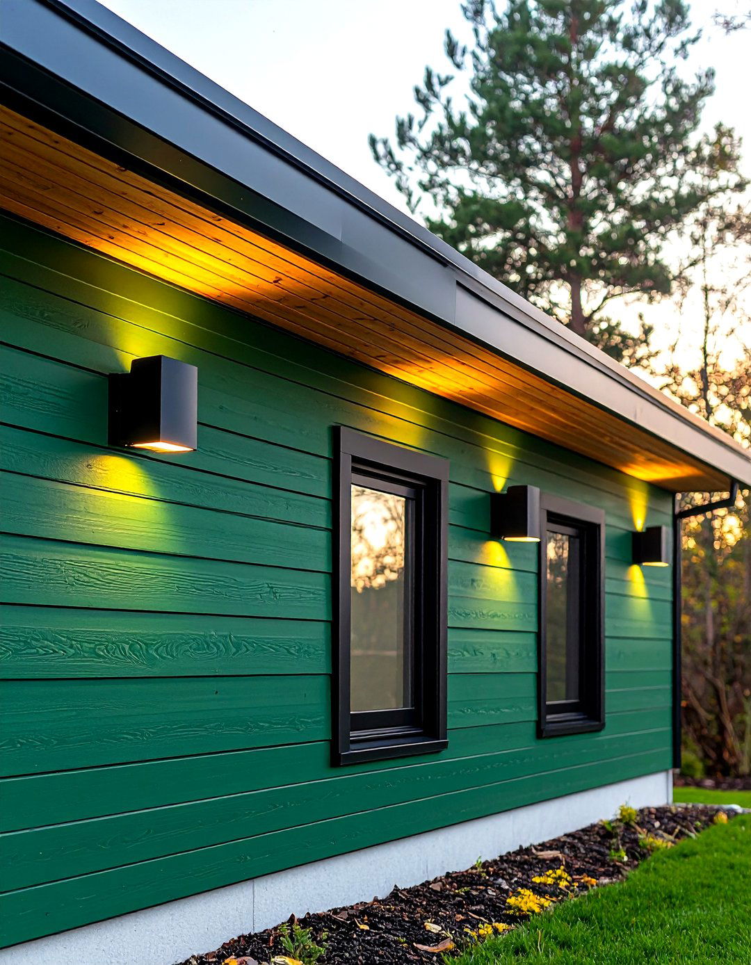 Matte Black Lighting Pops on Green Cladding - 20 Green House Exterior With Black Trim