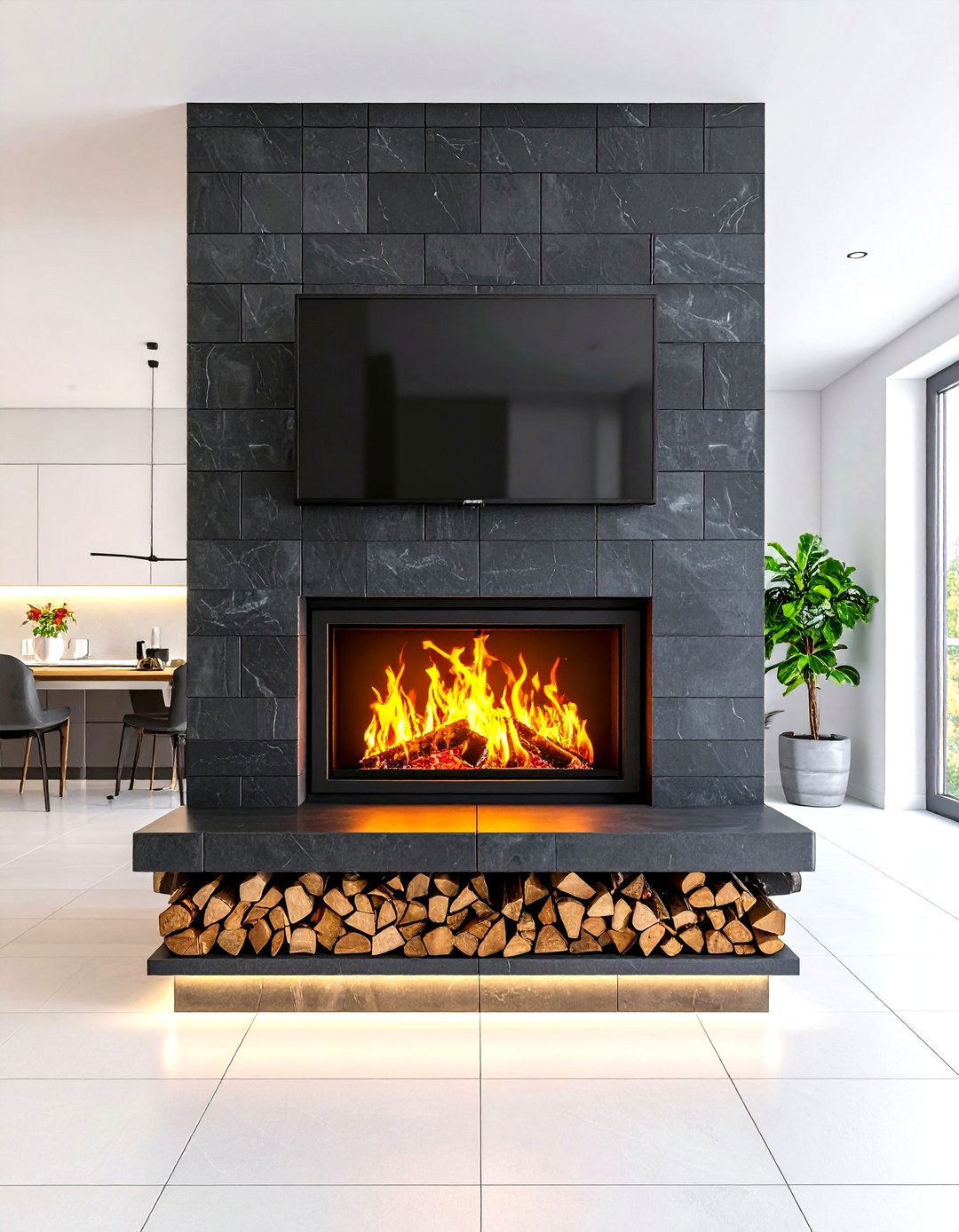 Matte Black Tile Electric Fireplace Statement - 20 Electric Fireplace Ideas With Tv Above