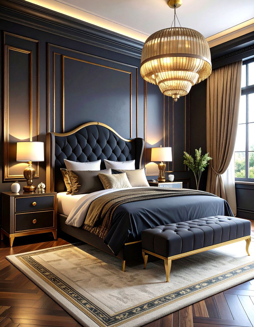 Matte Black and Brass Art Deco Glam - 20 Matte Black Bedroom Ideas