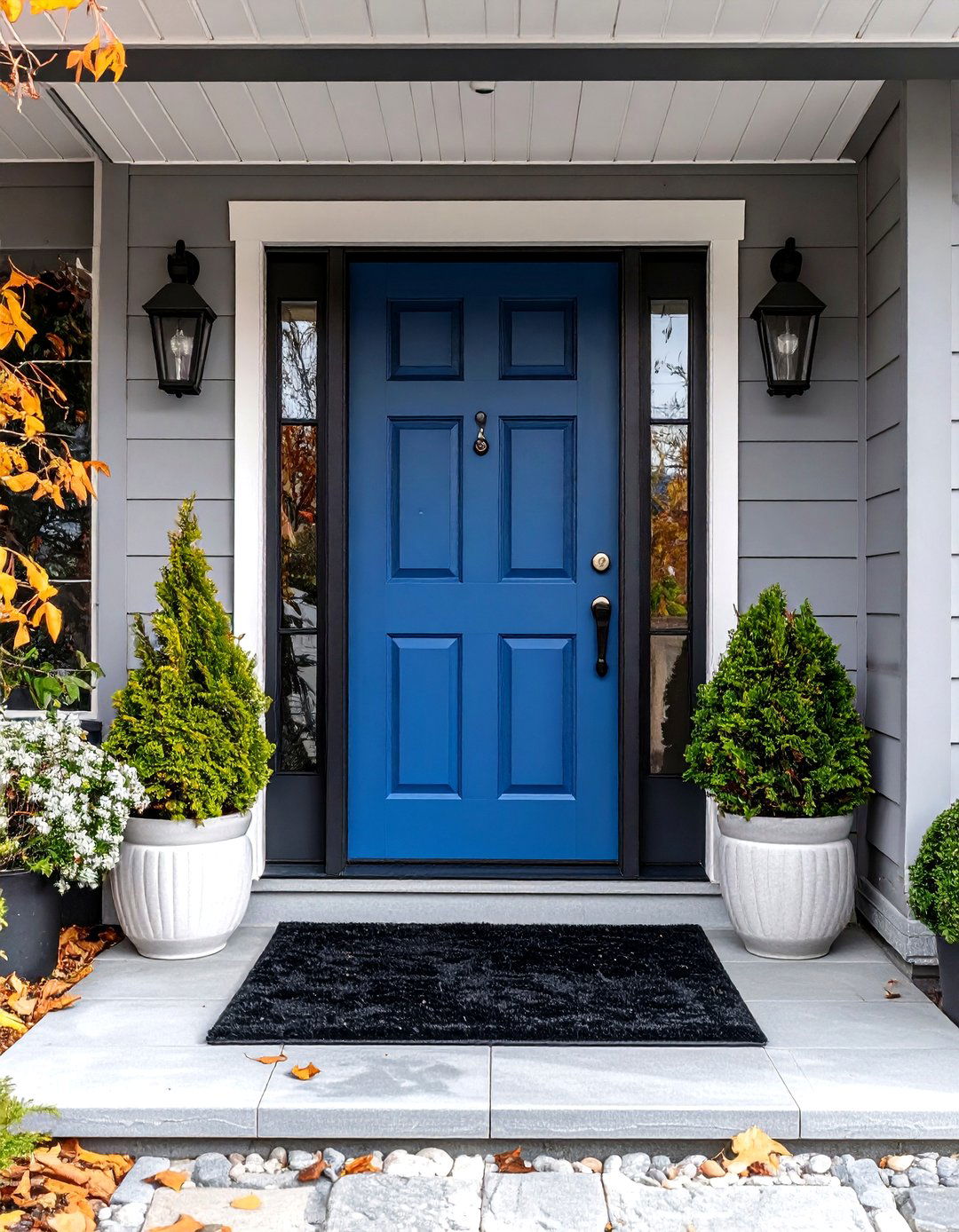 Matte Blue Door on Grey House with Black Accents - 20 Grey House With Blue Door Ideas