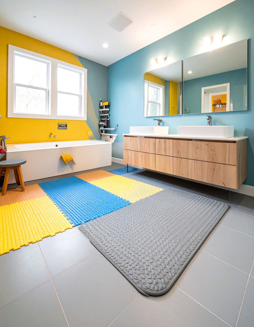 Matte Gray Rubber Flooring Prioritizes Safety - 20 Gray Floor Bathroom Ideas