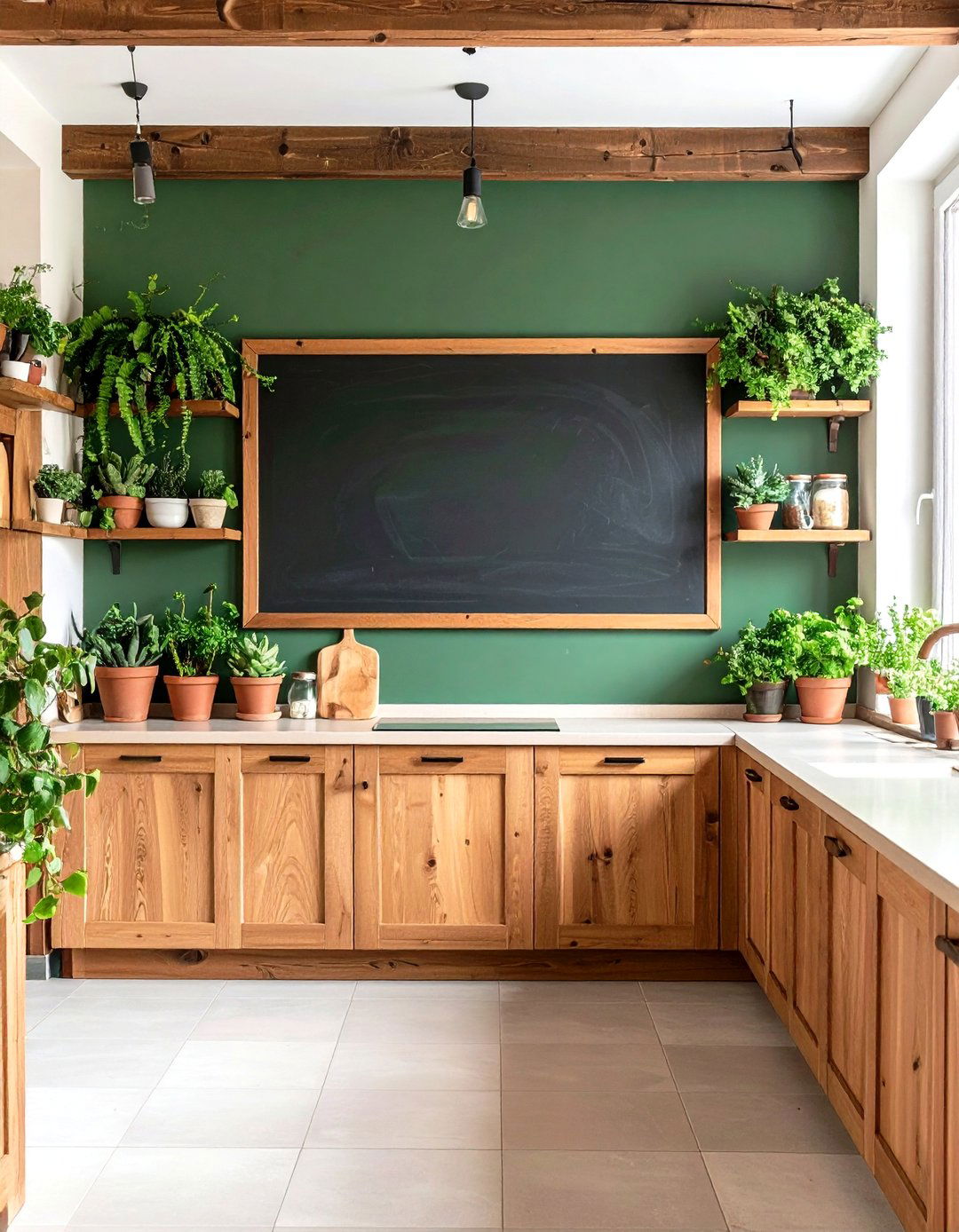 Matte Green Chalkboard Kitchen Wall Framed in Brown Wood - 20 Green and Brown Kitchen Ideas